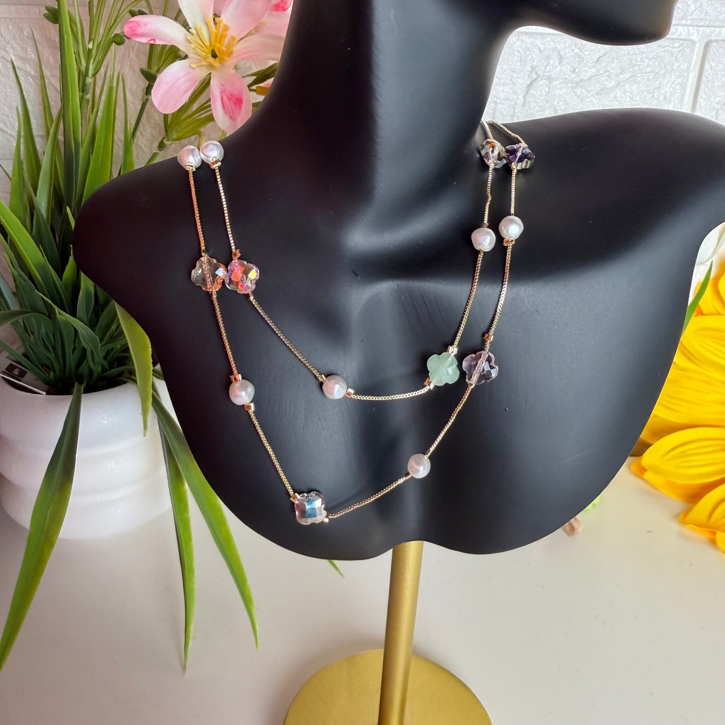 Gold Crystal Beaded Double Layer Necklace