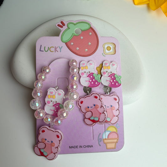 Kawaii Bunny & Teddy Charm Jewelry Set 🎀🍓🧸