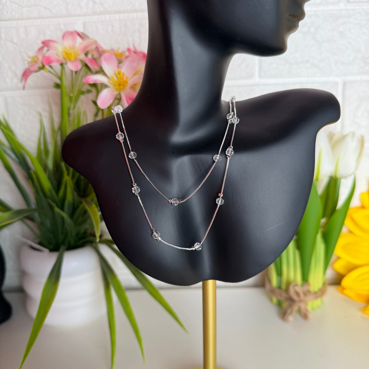 Elegant Silver Double Layer Beaded Necklace